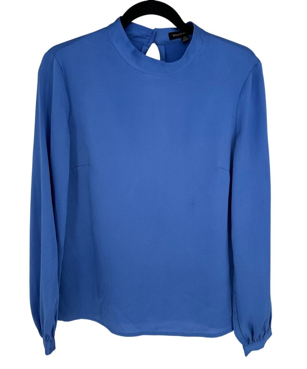 Banana Republic Blue Blouse XS High Neck Long Sleeve Silver Shoulder Button Top